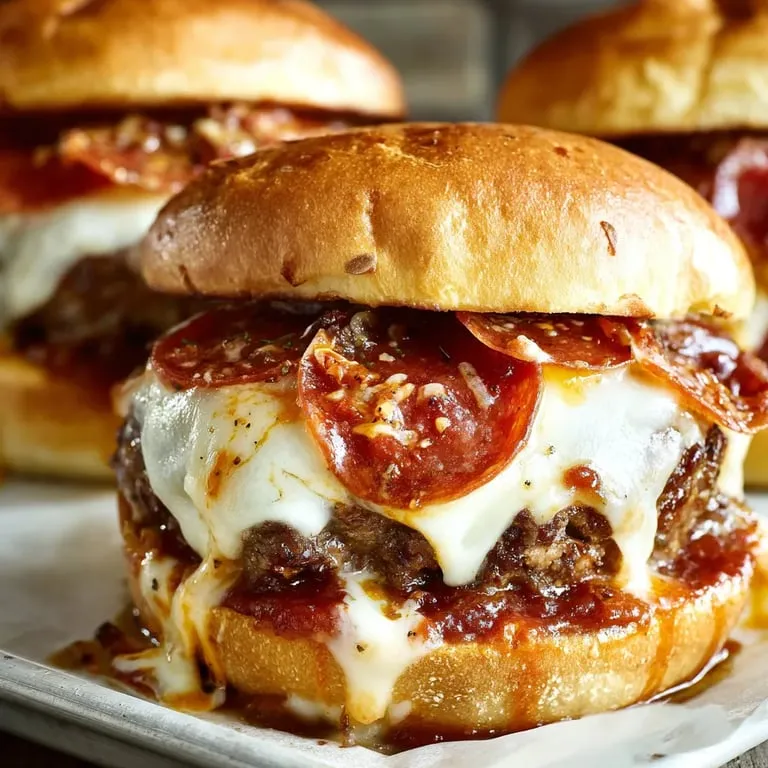Two pepperoni and cheese sandwiches on a plate.