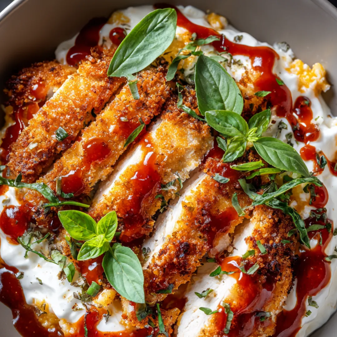 A bowl of food with chicken and sauce.