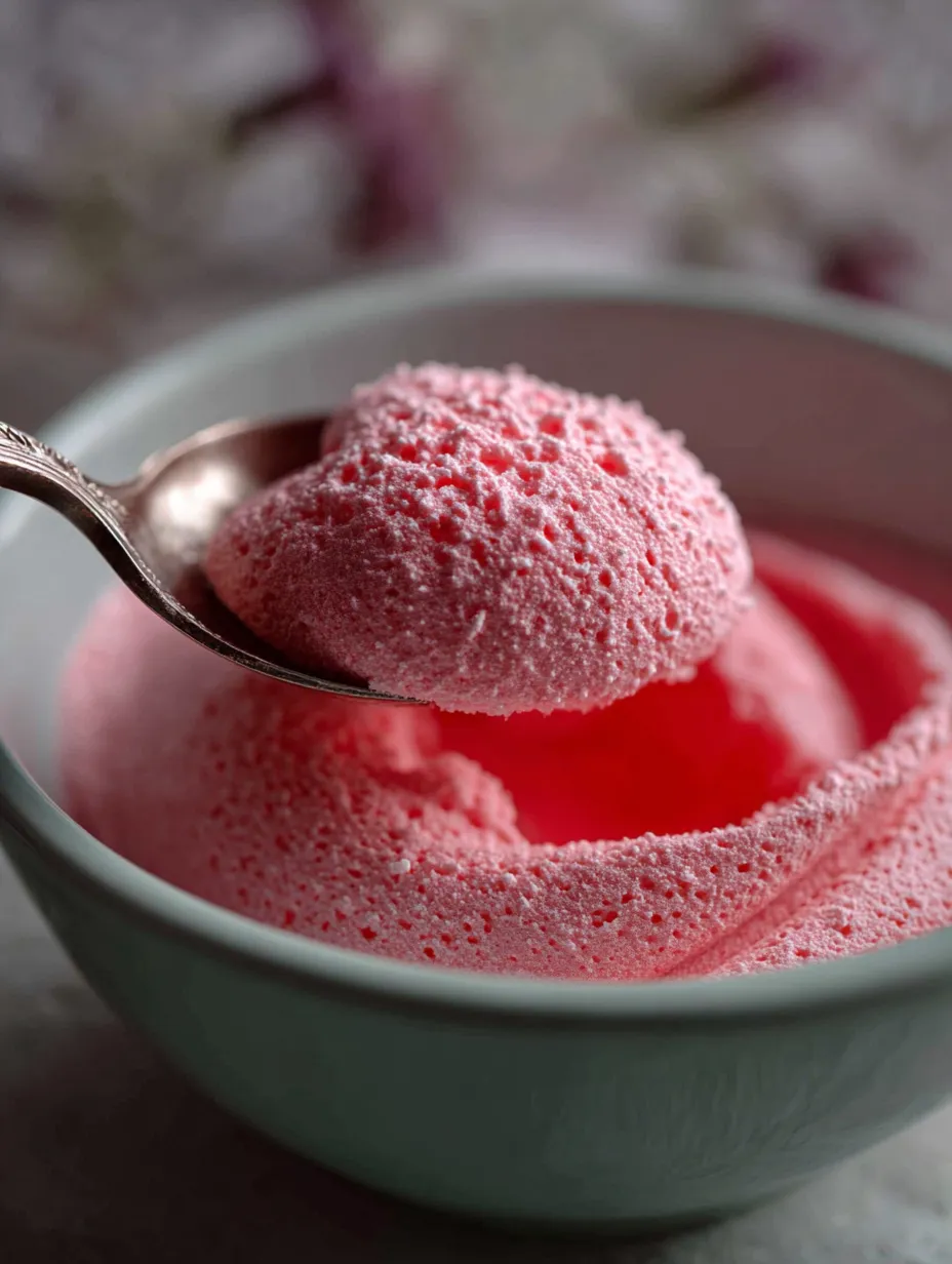 A spoon is in a bowl of pink frosting.