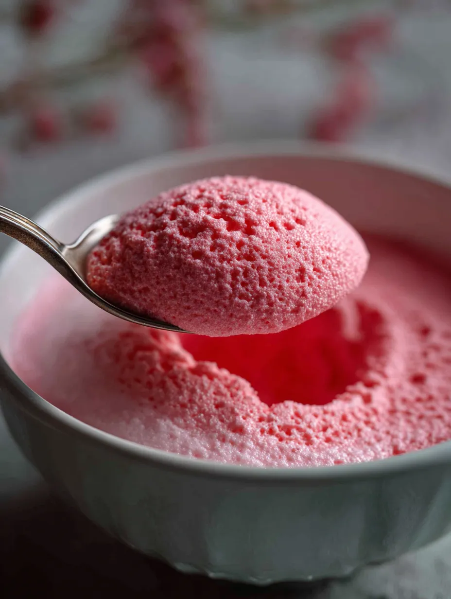 A spoon is in a bowl of pink frosting.