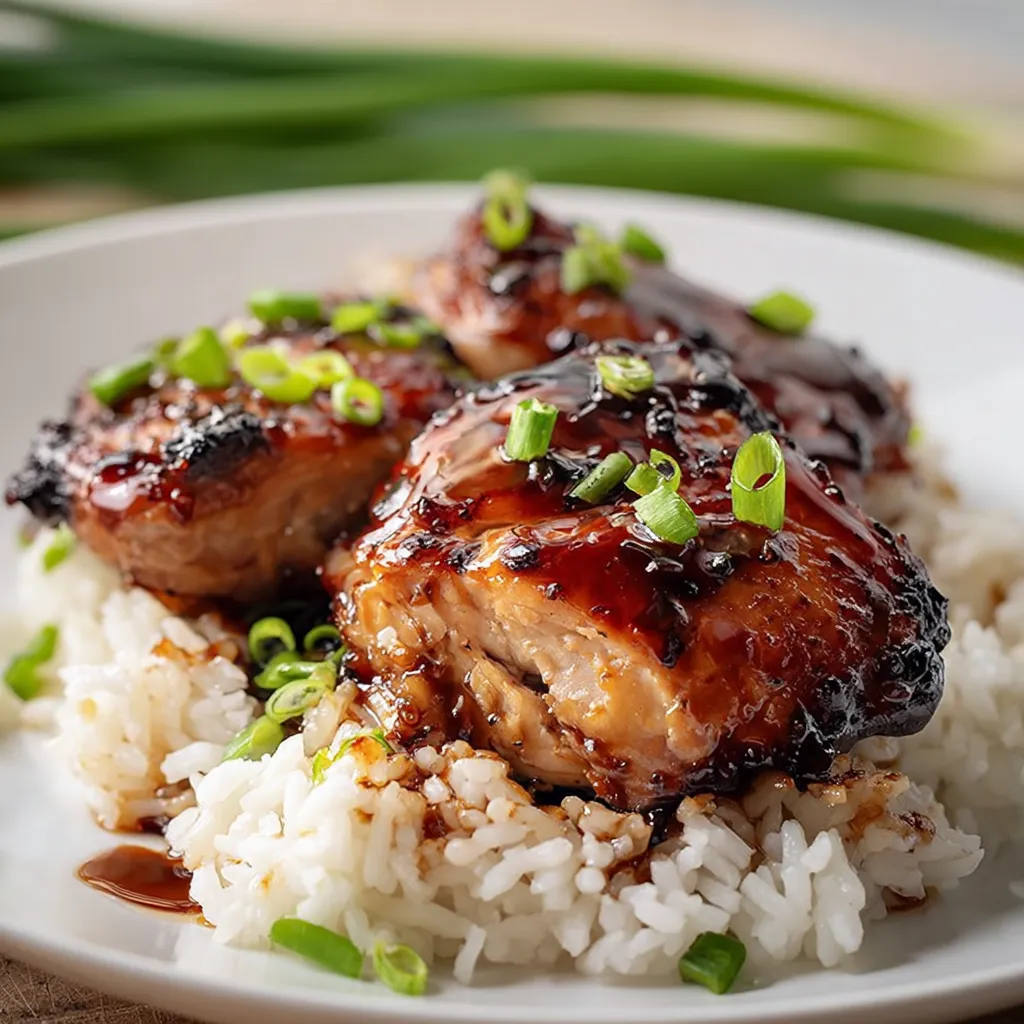 A bed of rice covered in saucy, grilled meat.
