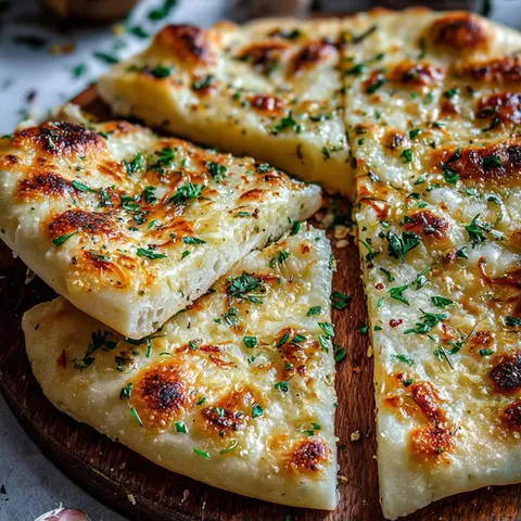 A slice of pizza with cheese and herbs on a wooden platter.