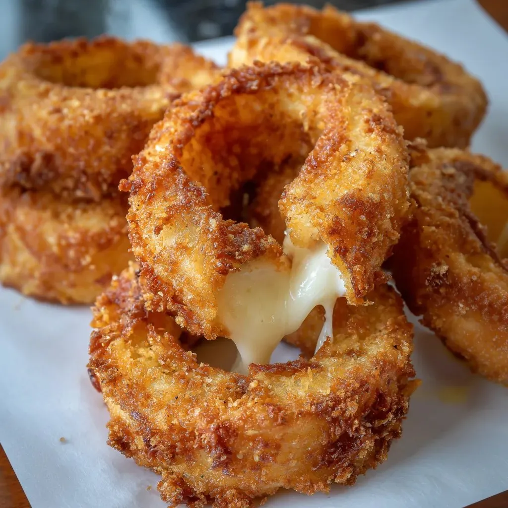 A plate of fried onion rings with cheese on top.