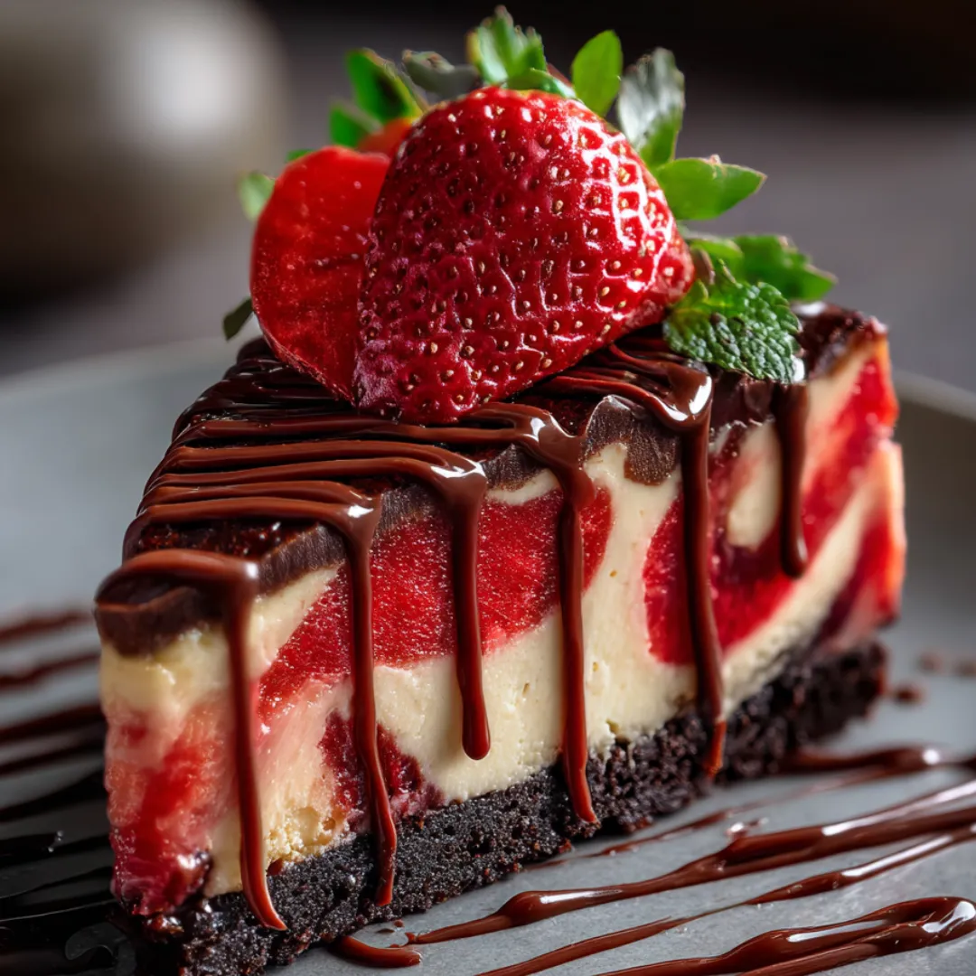 A slice of cheesecake with strawberries and chocolate drizzle.