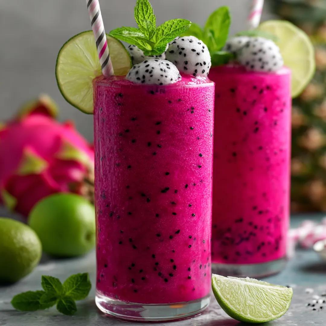 Two glasses of pink smoothie with lime and mint.