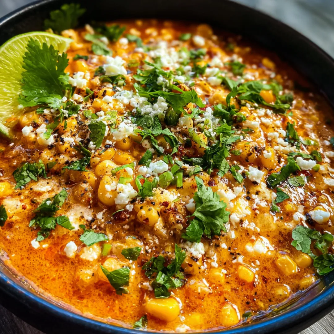 A bowl of soup with corn and cheese.