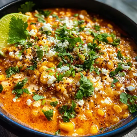 A bowl of soup with corn and cheese.