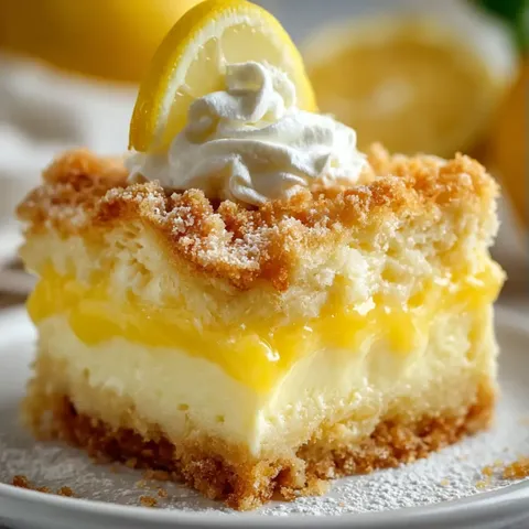 A slice of lemon cake with whipped cream on top.
