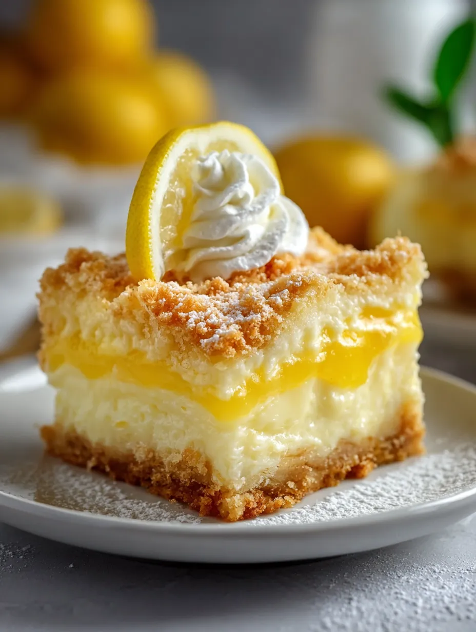 A slice of lemon cheesecake with whipped cream on top.