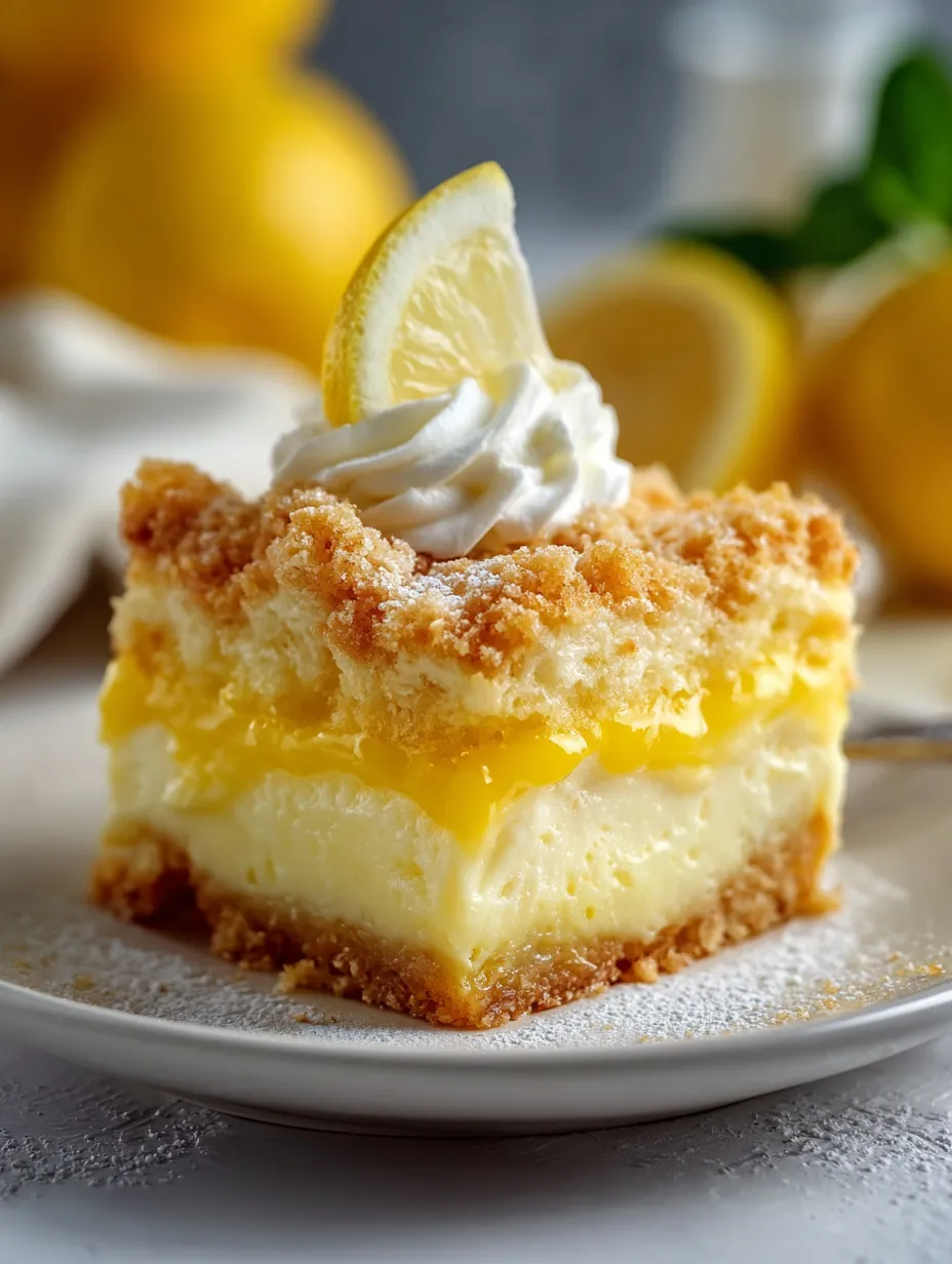 A slice of lemon cake with whipped cream on top.