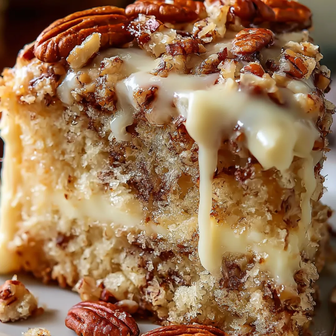 A piece of cake with nuts on top.