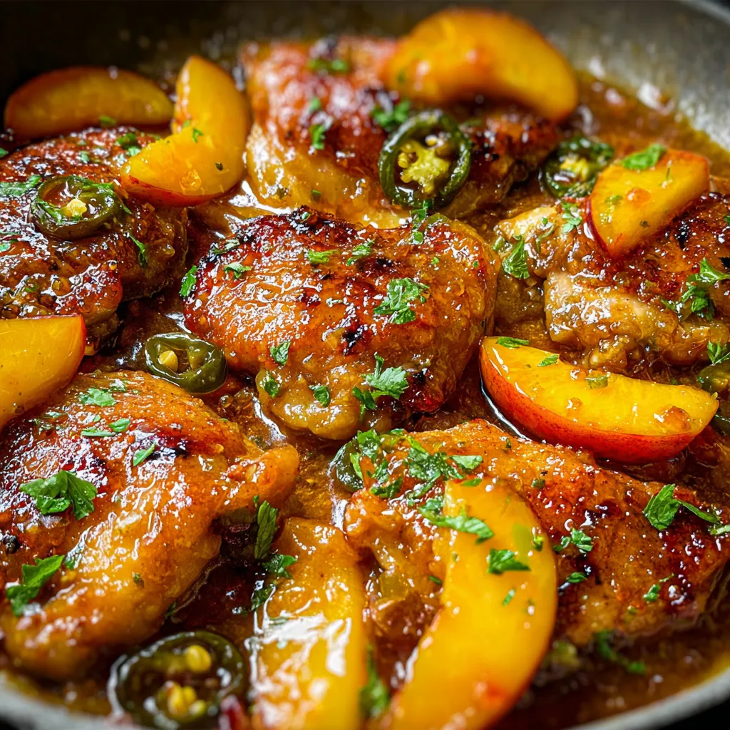 Pan of chicken, jalapeños, and peaches.
