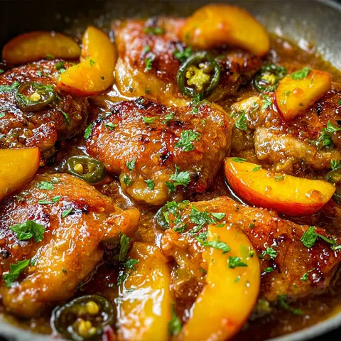 Pan of chicken, jalapeños, and peaches.