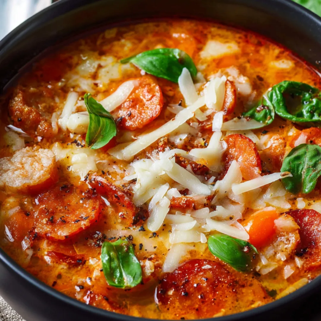 A bowl of soup with meat and vegetables.