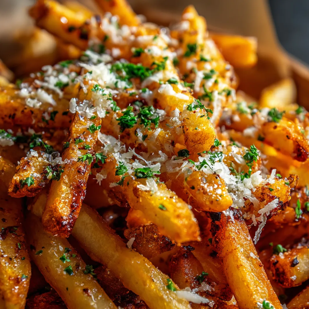 A close up of french fries with cheese and herbs.