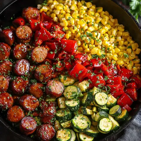 A pan of food with sausage, corn, and zucchini.