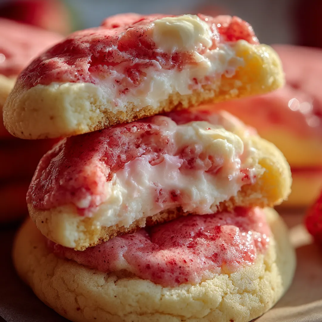 A stack of cookies with pink frosting and white frosting.