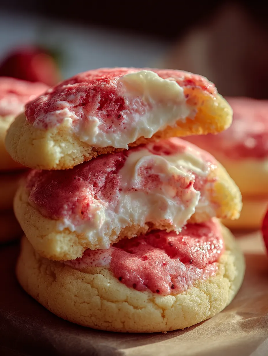 A stack of cookies with white frosting and red strawberry toppings.