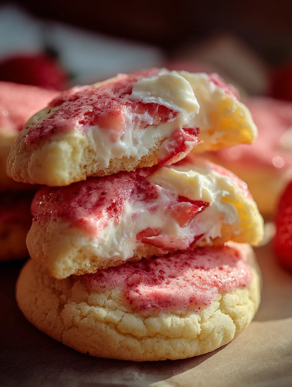 A stack of cookies with strawberry and whipped cream filling.