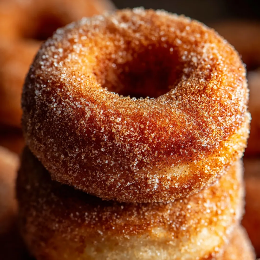 A stack of donuts with sugar on top.