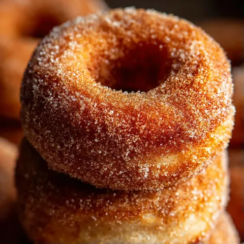 A stack of donuts with sugar on top.
