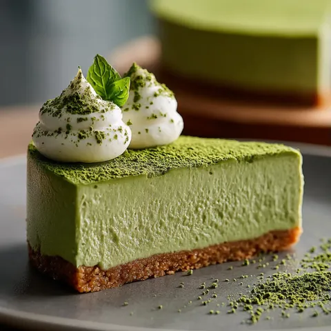 A slice of green cake with white frosting and mint leaves.