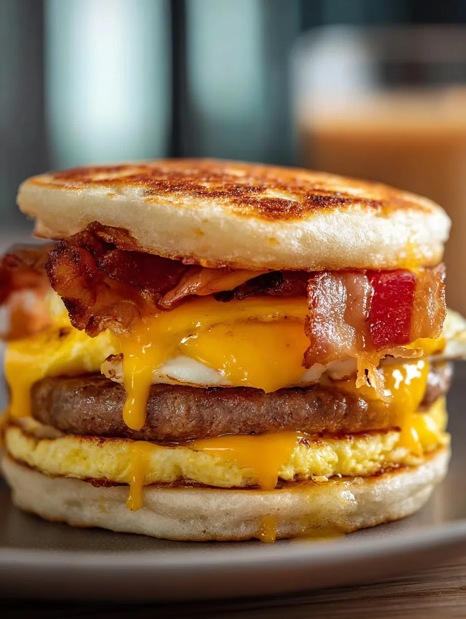 A breakfast sandwich with bacon, egg and cheese.