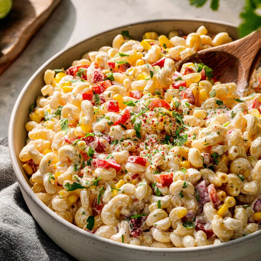 A bowl of macaroni and cheese with tomatoes and corn.