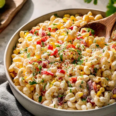 A bowl of macaroni and cheese with tomatoes and corn.
