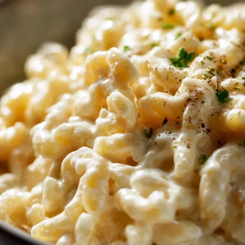 A bowl of macaroni and cheese.