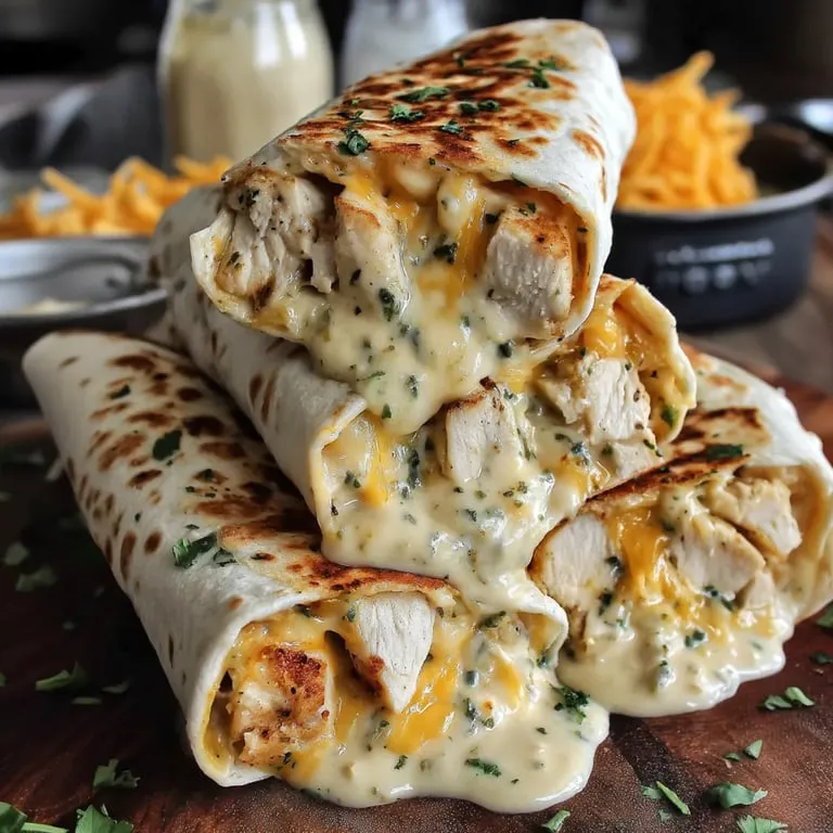 A stack of chicken wraps with cheese and sauce.