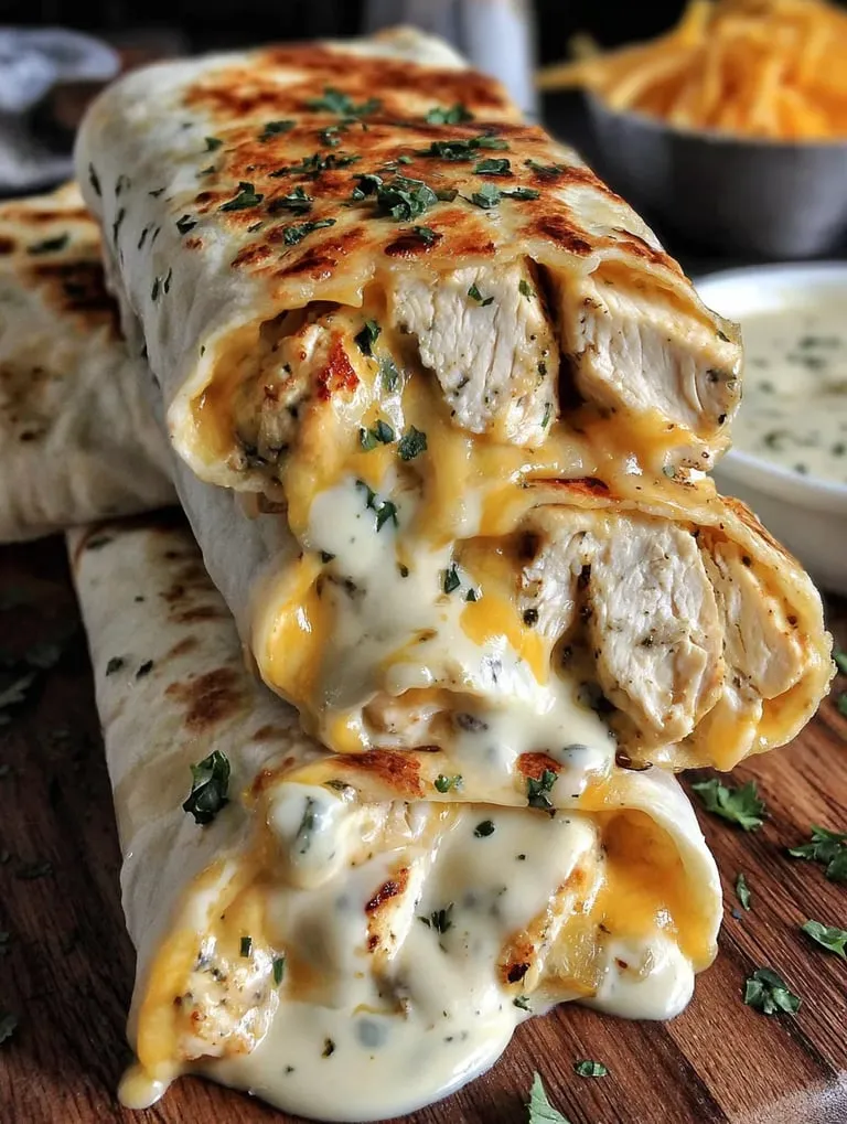 A chicken sandwich with cheese and sauce.