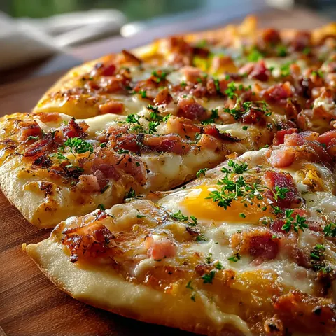 A pizza with ham and cheese on top.