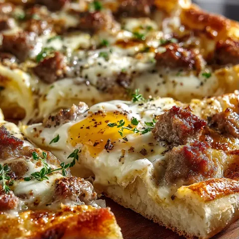 A slice of pizza with meat and egg on top.
