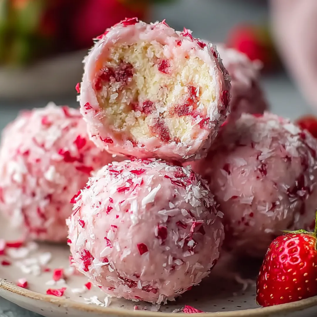 A plate of pink cake with red frosting and strawberries.