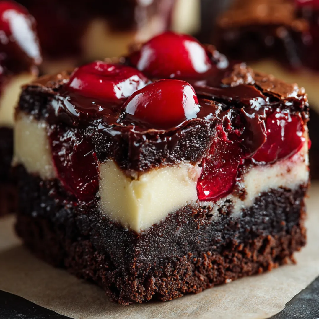 A chocolate dessert with cherries on top.