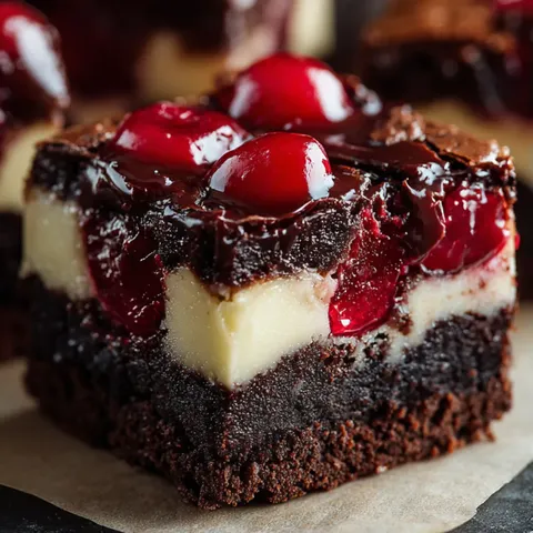A chocolate dessert with cherries on top.