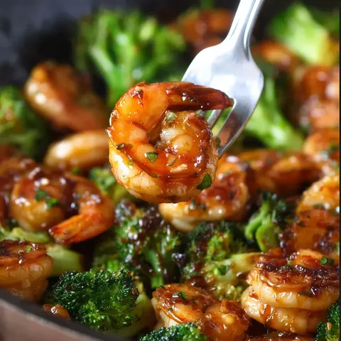 A fork is picking up a piece of shrimp from a plate of food.