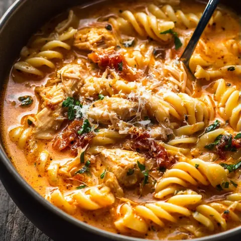 A bowl of pasta with meat and cheese.