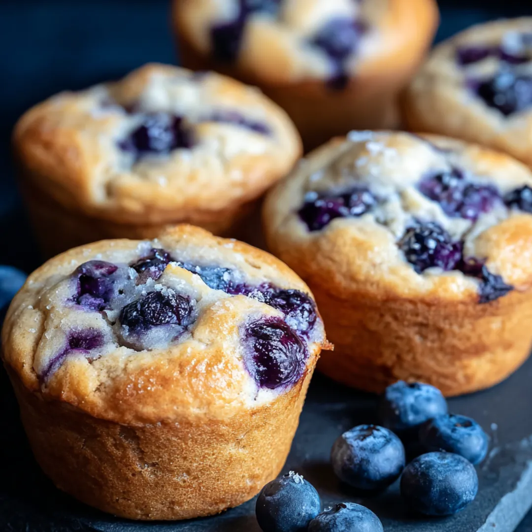 A plate of muffins with blueberries on top.