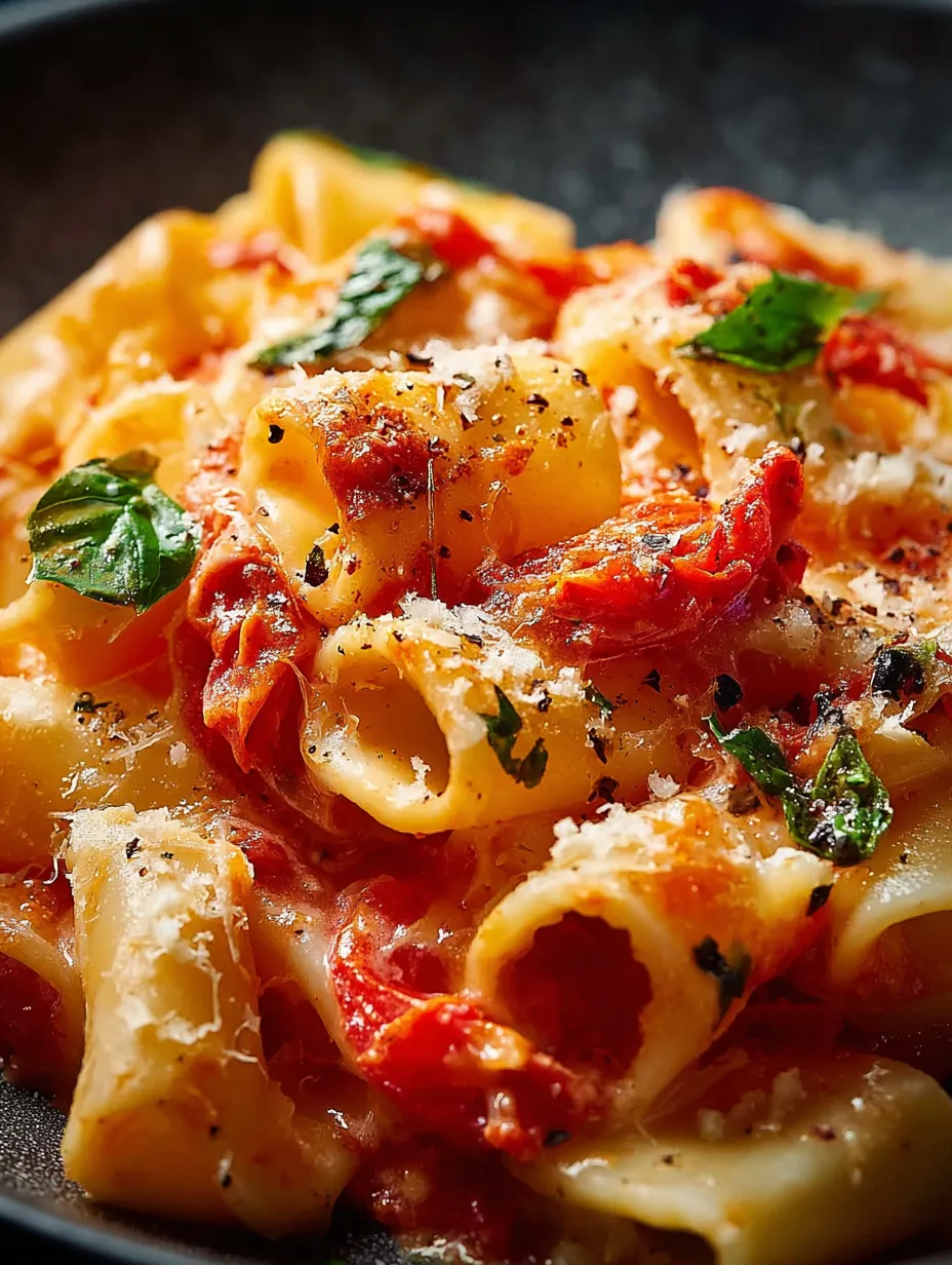A plate of pasta with tomatoes and cheese.