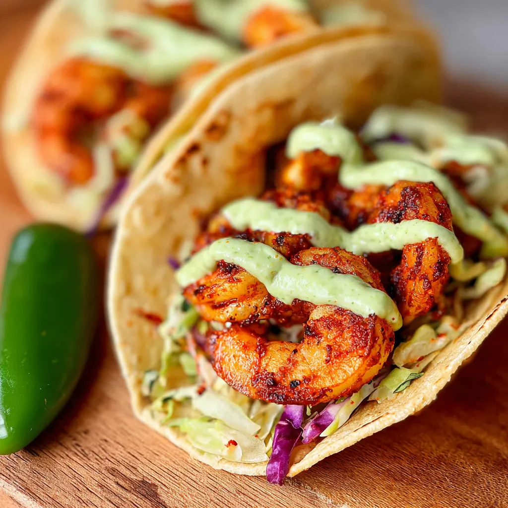 Two shrimp tacos with green sauce.