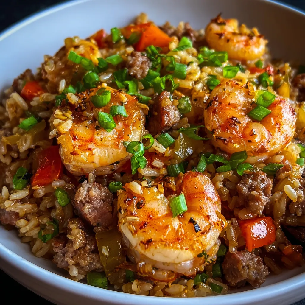 A bowl of rice with shrimp and vegetables.