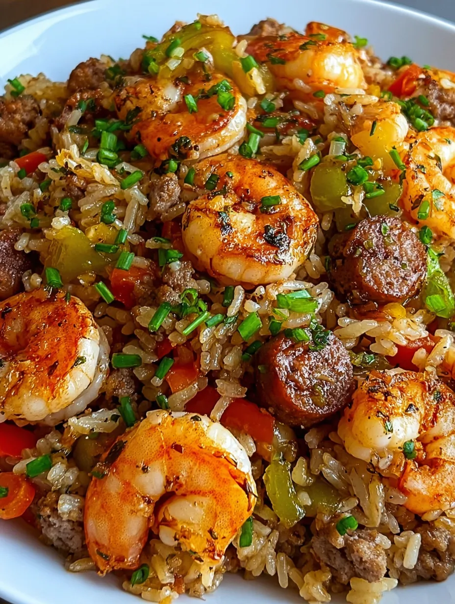 A plate of food with rice, shrimp, and sausage.