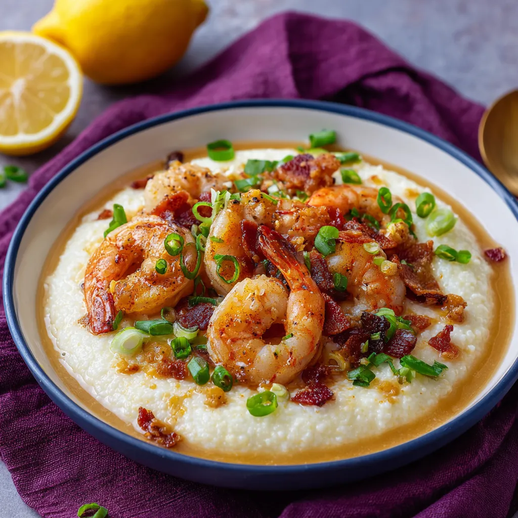 A bowl of shrimp and grits with a lemon wedge on the side.