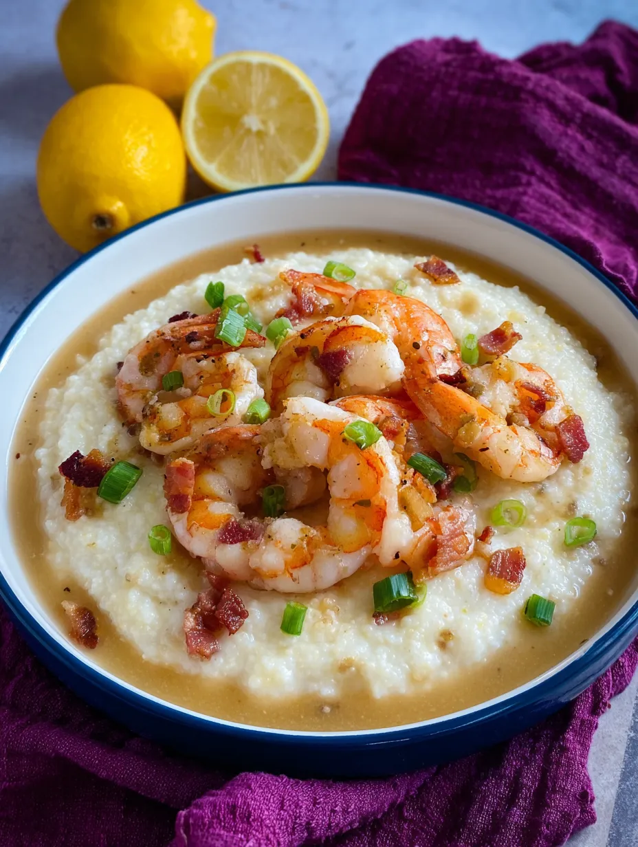 A bowl of shrimp and grits with a lemon wedge on the side.