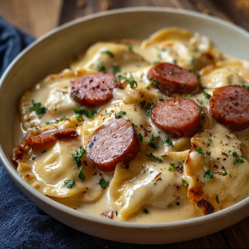 A bowl of food with sausage and pasta.