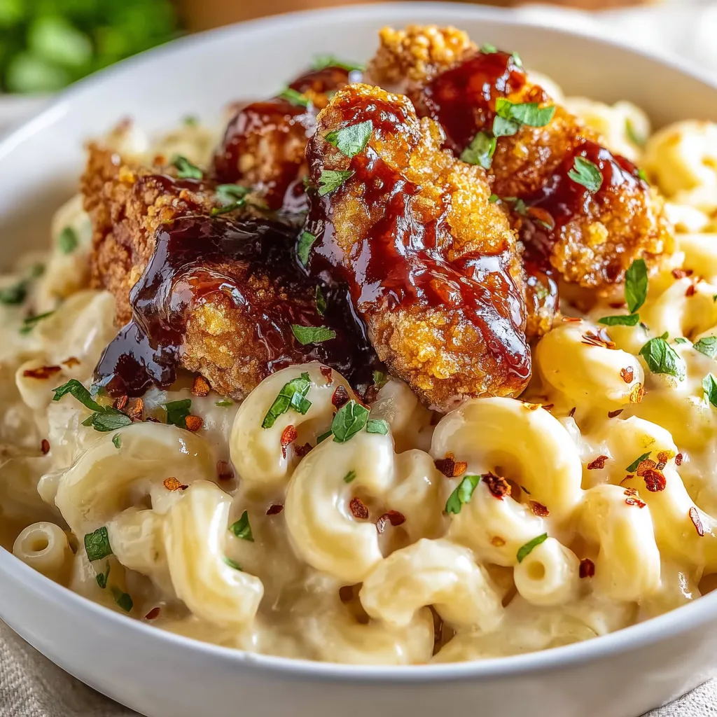 A plate of food with chicken and macaroni.