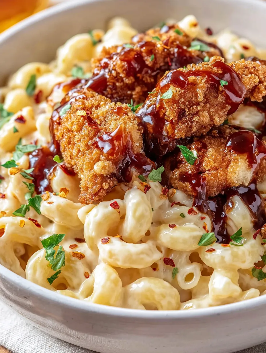 A bowl of macaroni and cheese with chicken and brown sauce.