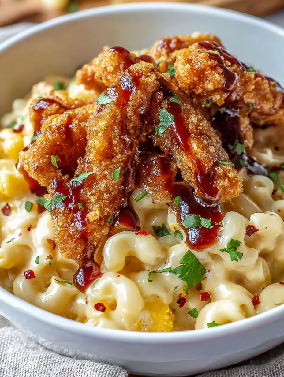 A bowl of macaroni and cheese with chicken and sauce.